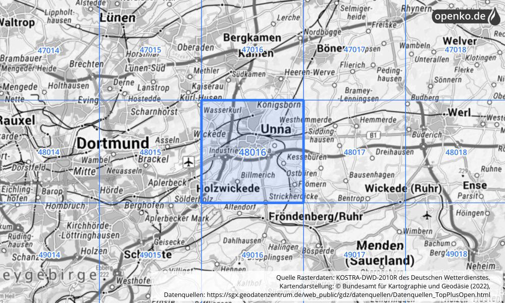 Übersichtskarte KOSTRA-DWD-2010R Rasterfeld Nr. 48016 mit angrenzenden Feldern