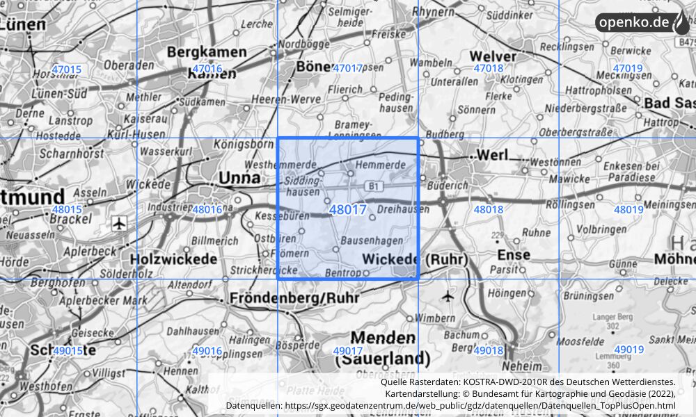 Übersichtskarte KOSTRA-DWD-2010R Rasterfeld Nr. 48017 mit angrenzenden Feldern