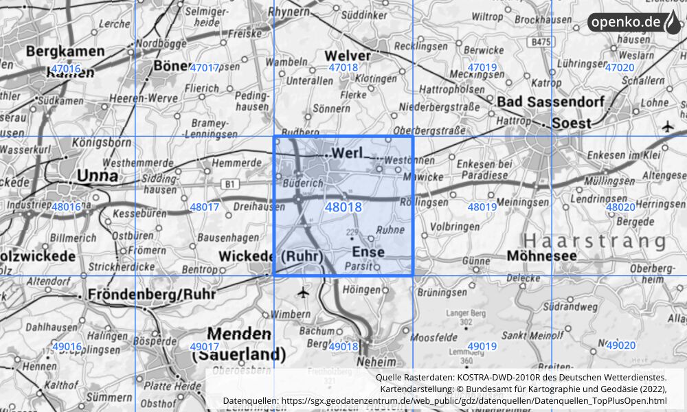 Übersichtskarte KOSTRA-DWD-2010R Rasterfeld Nr. 48018 mit angrenzenden Feldern