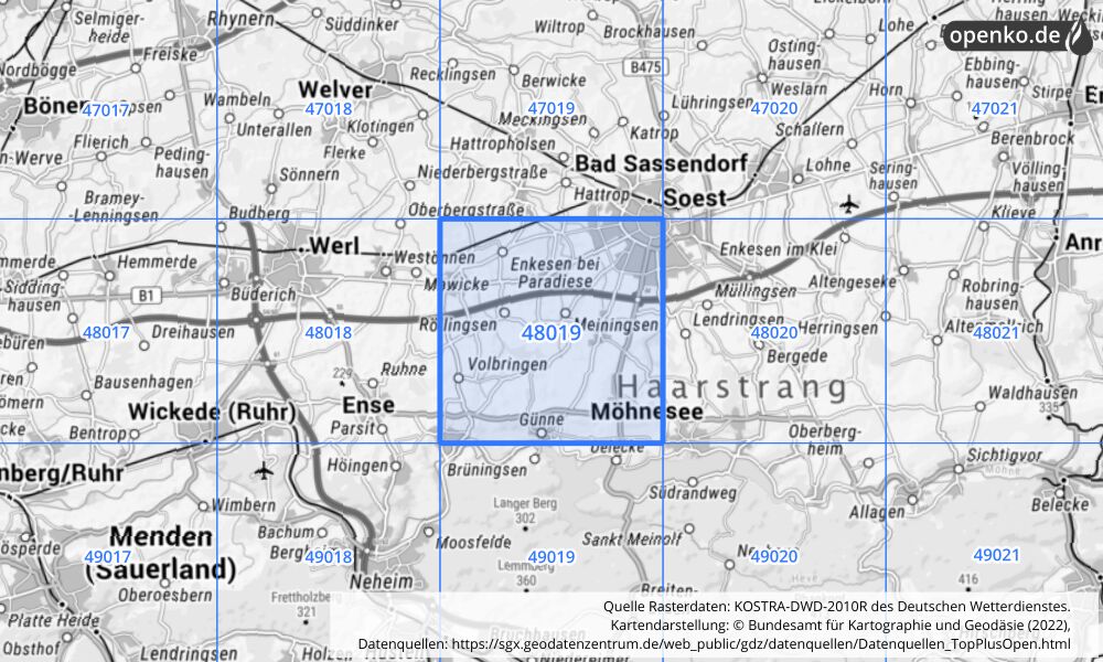 Übersichtskarte KOSTRA-DWD-2010R Rasterfeld Nr. 48019 mit angrenzenden Feldern