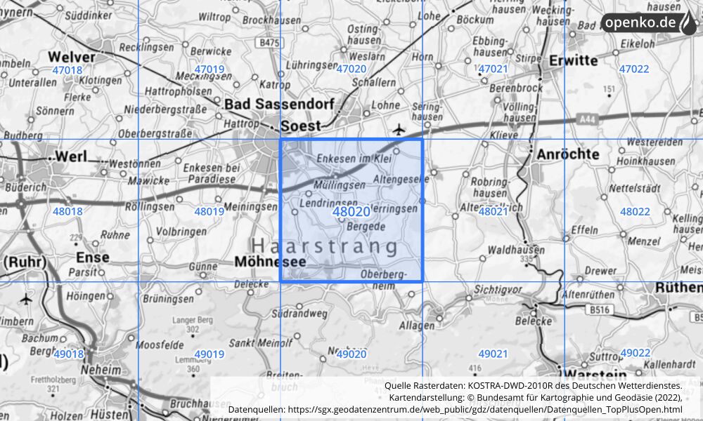 Übersichtskarte KOSTRA-DWD-2010R Rasterfeld Nr. 48020 mit angrenzenden Feldern
