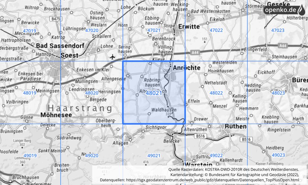 Übersichtskarte KOSTRA-DWD-2010R Rasterfeld Nr. 48021 mit angrenzenden Feldern