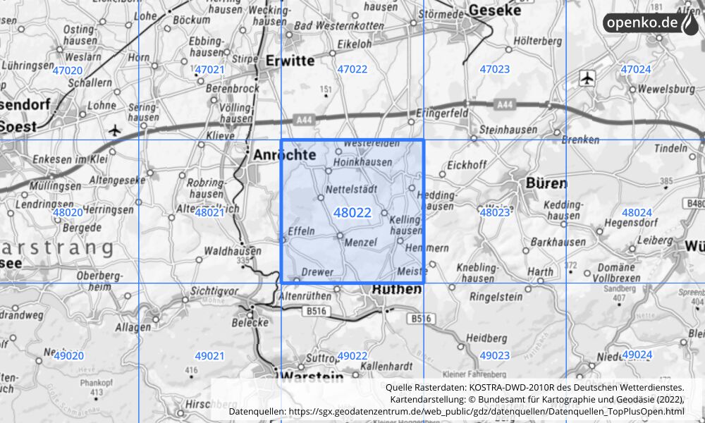 Übersichtskarte KOSTRA-DWD-2010R Rasterfeld Nr. 48022 mit angrenzenden Feldern