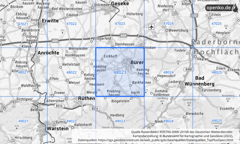 Übersichtskarte KOSTRA-DWD-2010R Rasterfeld Nr. 48023 mit angrenzenden Feldern