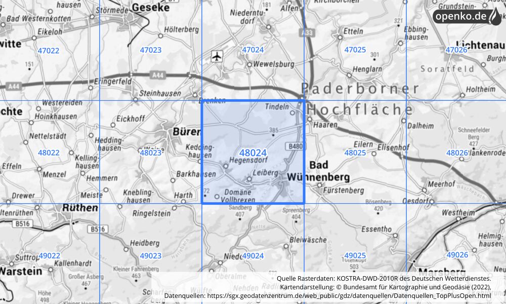 Übersichtskarte KOSTRA-DWD-2010R Rasterfeld Nr. 48024 mit angrenzenden Feldern