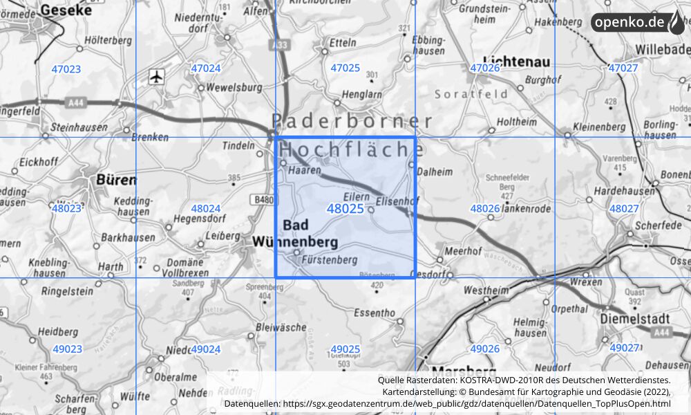 Übersichtskarte KOSTRA-DWD-2010R Rasterfeld Nr. 48025 mit angrenzenden Feldern