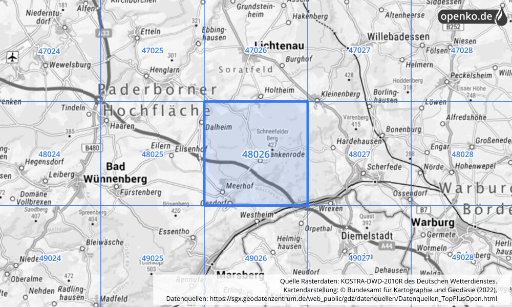 Übersichtskarte KOSTRA-DWD-2010R Rasterfeld Nr. 48026 mit angrenzenden Feldern