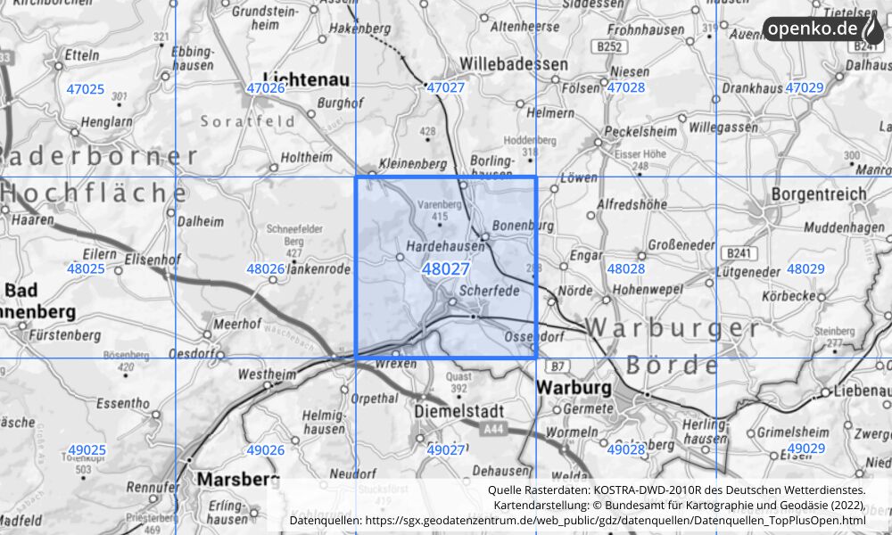 Übersichtskarte KOSTRA-DWD-2010R Rasterfeld Nr. 48027 mit angrenzenden Feldern