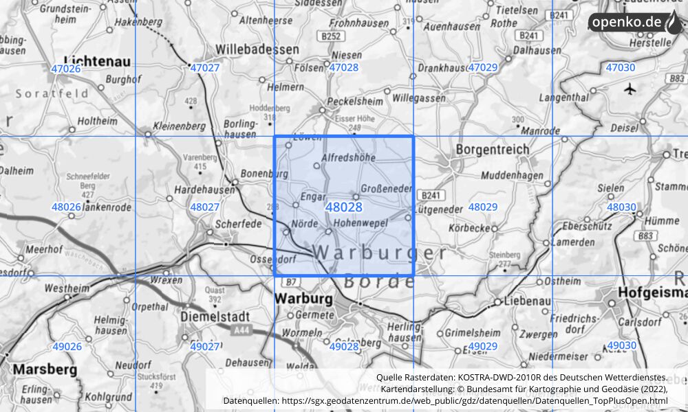 Übersichtskarte KOSTRA-DWD-2010R Rasterfeld Nr. 48028 mit angrenzenden Feldern