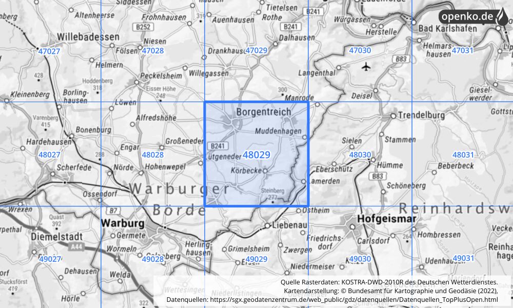 Übersichtskarte KOSTRA-DWD-2010R Rasterfeld Nr. 48029 mit angrenzenden Feldern