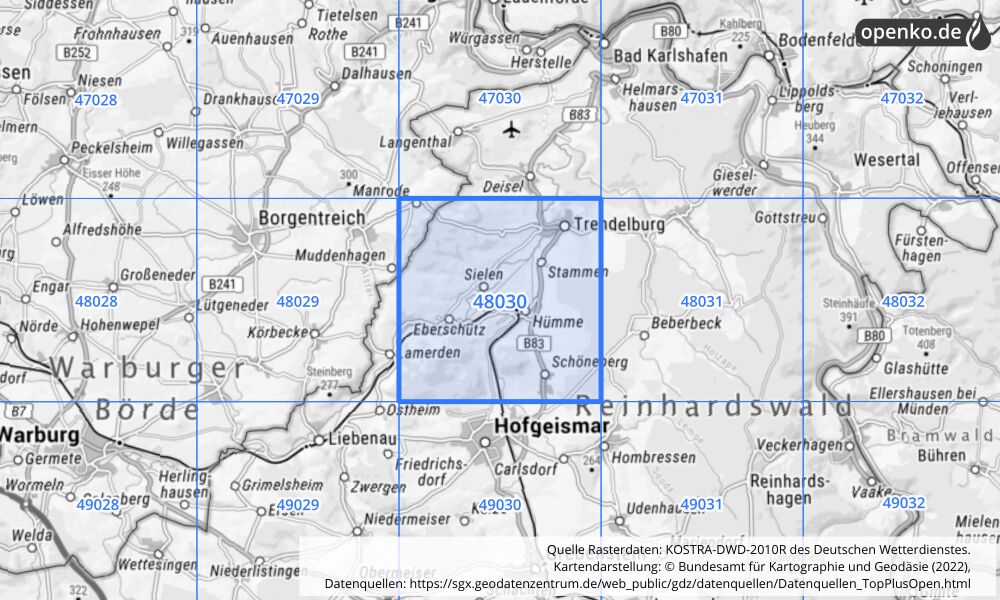 Übersichtskarte KOSTRA-DWD-2010R Rasterfeld Nr. 48030 mit angrenzenden Feldern