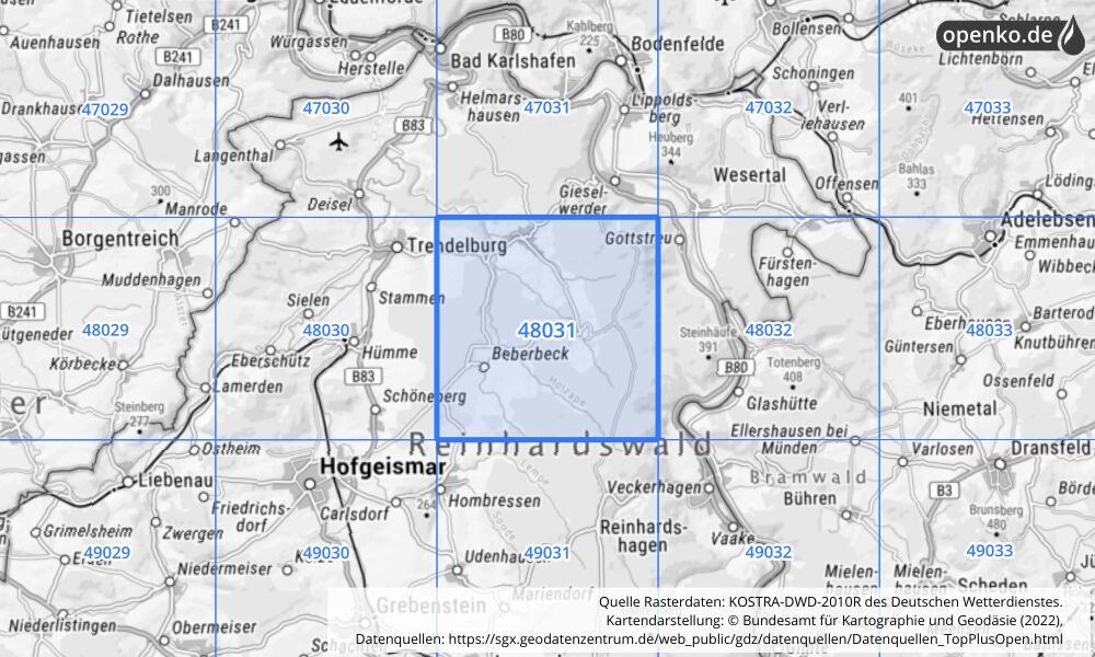 Übersichtskarte KOSTRA-DWD-2010R Rasterfeld Nr. 48031 mit angrenzenden Feldern
