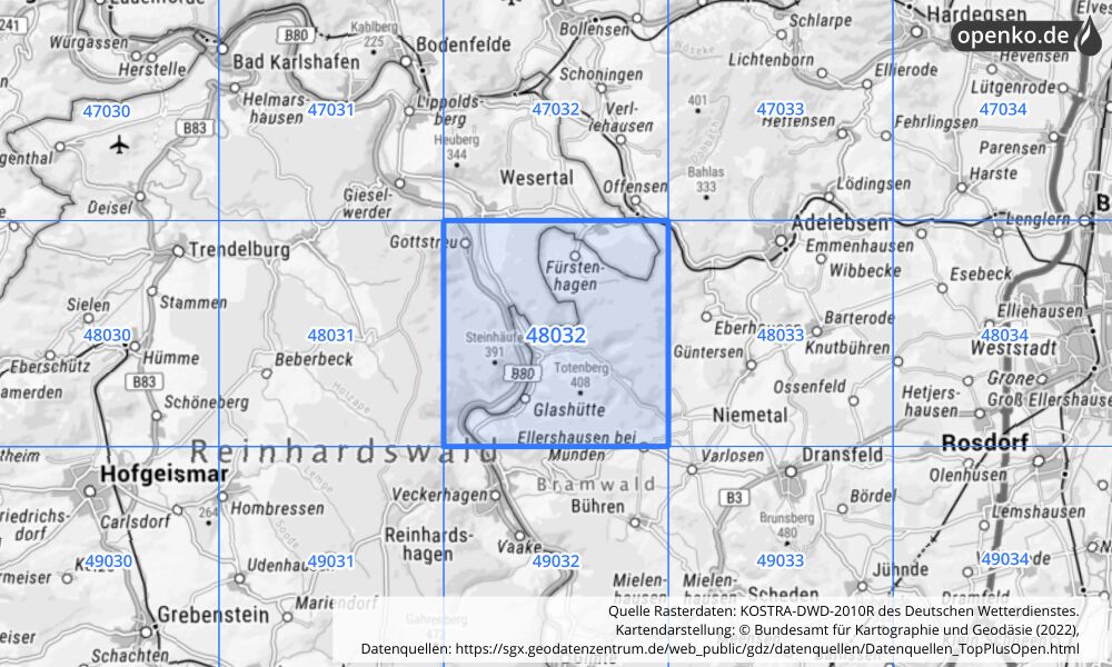 Übersichtskarte KOSTRA-DWD-2010R Rasterfeld Nr. 48032 mit angrenzenden Feldern