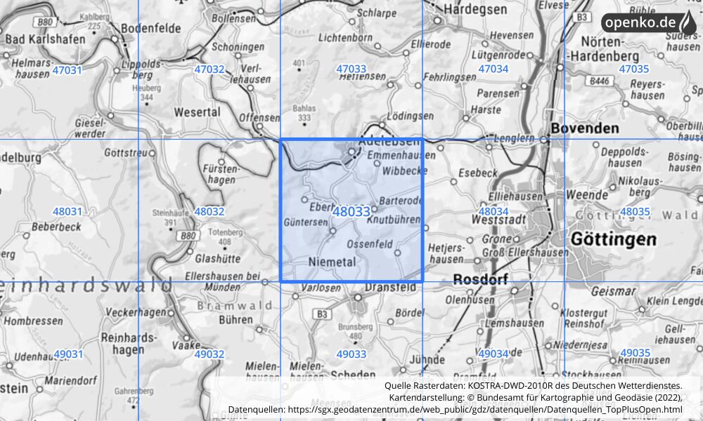 Übersichtskarte KOSTRA-DWD-2010R Rasterfeld Nr. 48033 mit angrenzenden Feldern