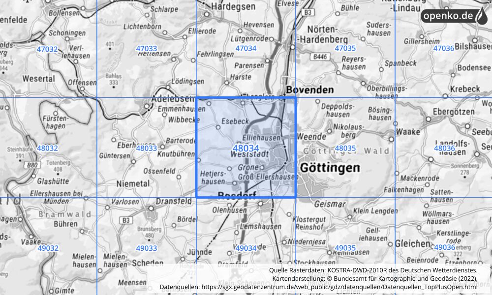 Übersichtskarte KOSTRA-DWD-2010R Rasterfeld Nr. 48034 mit angrenzenden Feldern