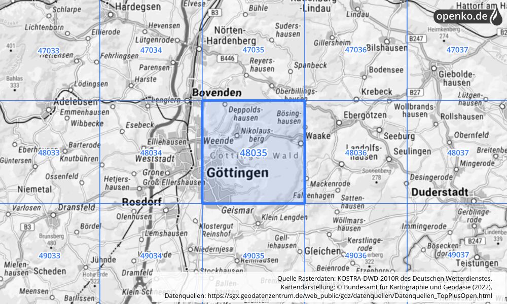 Übersichtskarte KOSTRA-DWD-2010R Rasterfeld Nr. 48035 mit angrenzenden Feldern