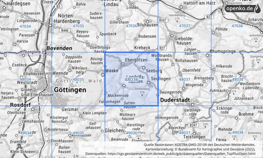 Übersichtskarte KOSTRA-DWD-2010R Rasterfeld Nr. 48036 mit angrenzenden Feldern