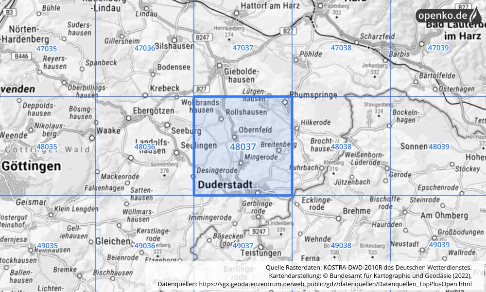 Übersichtskarte KOSTRA-DWD-2010R Rasterfeld Nr. 48037 mit angrenzenden Feldern