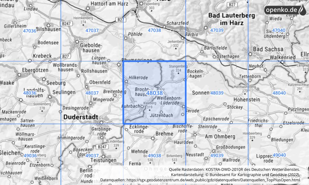 Übersichtskarte KOSTRA-DWD-2010R Rasterfeld Nr. 48038 mit angrenzenden Feldern