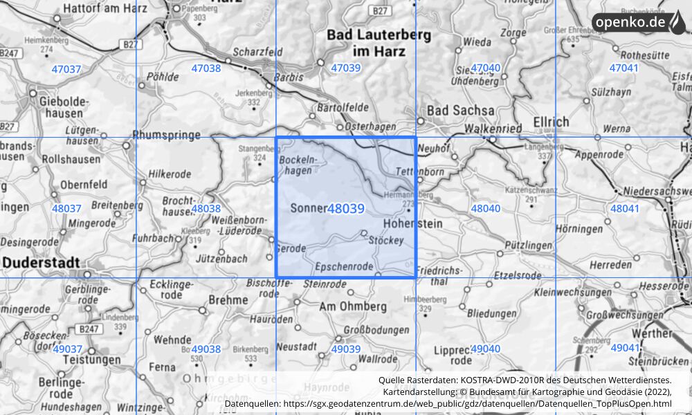 Übersichtskarte KOSTRA-DWD-2010R Rasterfeld Nr. 48039 mit angrenzenden Feldern