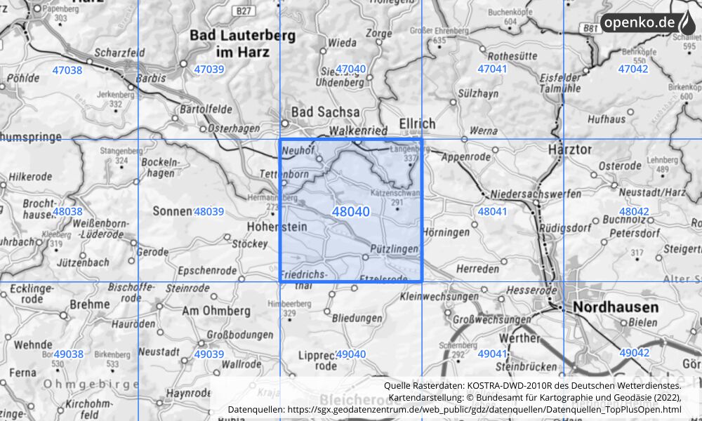 Übersichtskarte KOSTRA-DWD-2010R Rasterfeld Nr. 48040 mit angrenzenden Feldern