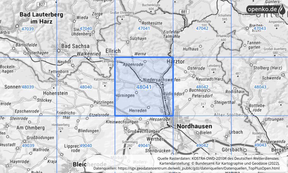 Übersichtskarte KOSTRA-DWD-2010R Rasterfeld Nr. 48041 mit angrenzenden Feldern