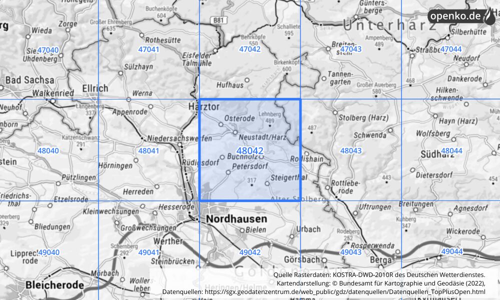 Übersichtskarte KOSTRA-DWD-2010R Rasterfeld Nr. 48042 mit angrenzenden Feldern