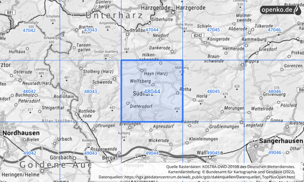 Übersichtskarte KOSTRA-DWD-2010R Rasterfeld Nr. 48044 mit angrenzenden Feldern