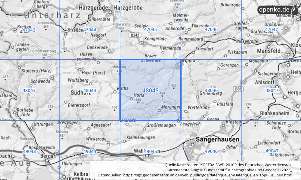 Übersichtskarte KOSTRA-DWD-2010R Rasterfeld Nr. 48045 mit angrenzenden Feldern