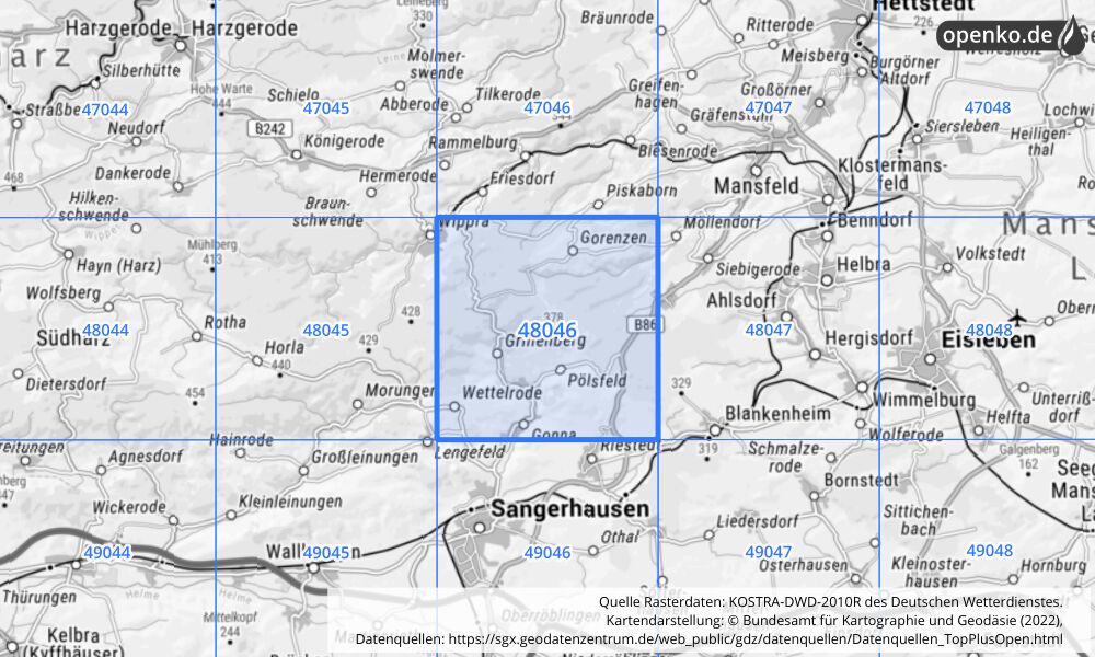 Übersichtskarte KOSTRA-DWD-2010R Rasterfeld Nr. 48046 mit angrenzenden Feldern