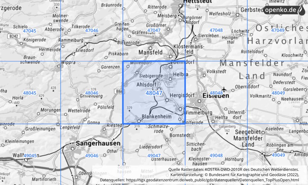 Übersichtskarte KOSTRA-DWD-2010R Rasterfeld Nr. 48047 mit angrenzenden Feldern