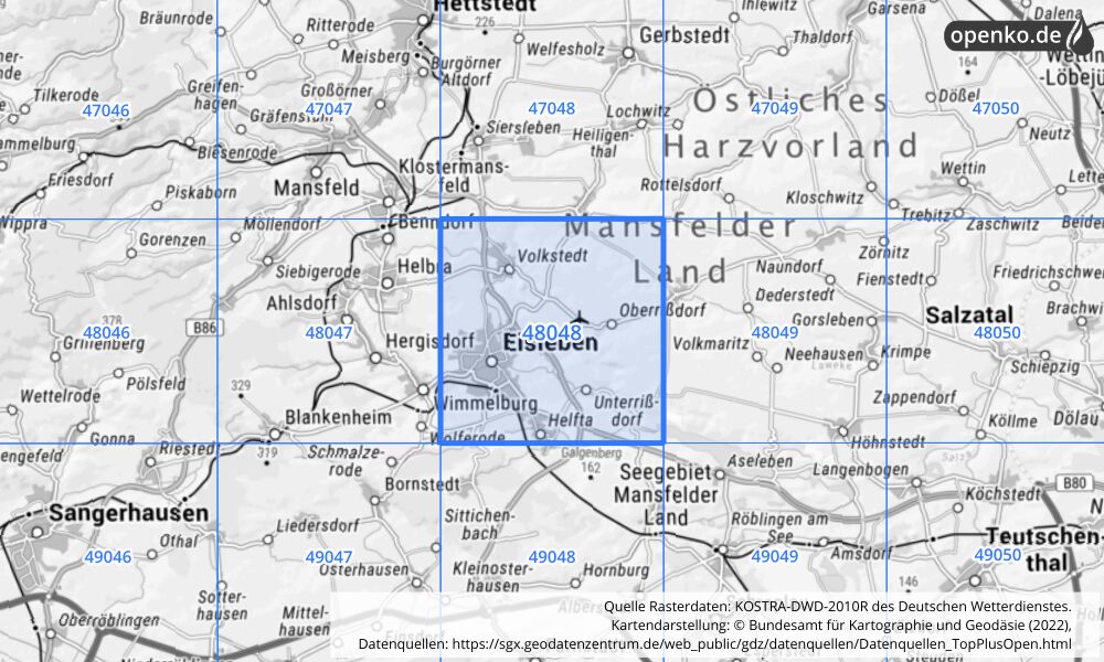 Übersichtskarte KOSTRA-DWD-2010R Rasterfeld Nr. 48048 mit angrenzenden Feldern