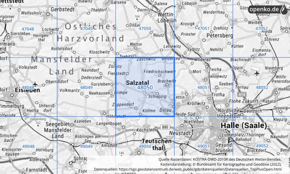 Übersichtskarte KOSTRA-DWD-2010R Rasterfeld Nr. 48050 mit angrenzenden Feldern