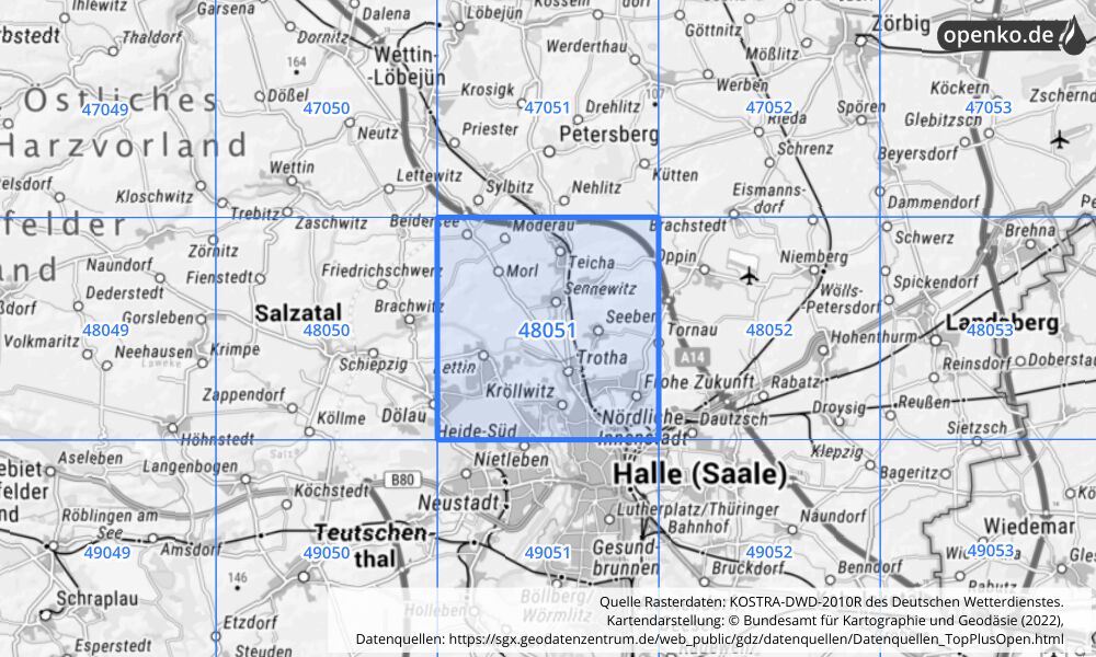 Übersichtskarte KOSTRA-DWD-2010R Rasterfeld Nr. 48051 mit angrenzenden Feldern