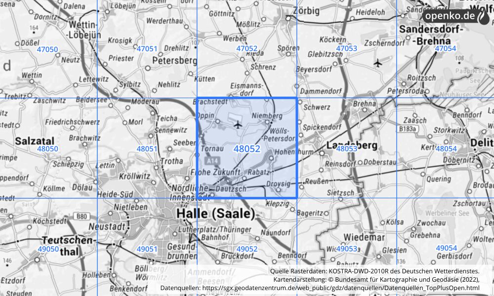 Übersichtskarte KOSTRA-DWD-2010R Rasterfeld Nr. 48052 mit angrenzenden Feldern