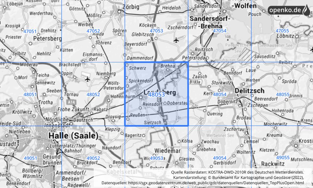 Übersichtskarte KOSTRA-DWD-2010R Rasterfeld Nr. 48053 mit angrenzenden Feldern