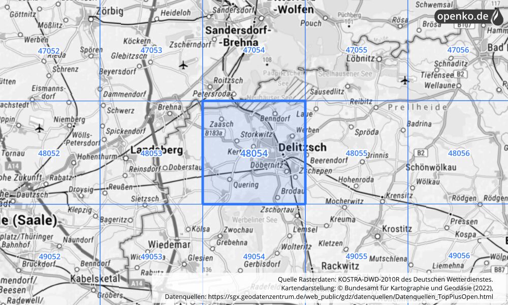 Übersichtskarte KOSTRA-DWD-2010R Rasterfeld Nr. 48054 mit angrenzenden Feldern