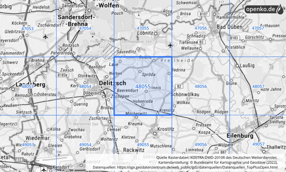 Übersichtskarte KOSTRA-DWD-2010R Rasterfeld Nr. 48055 mit angrenzenden Feldern