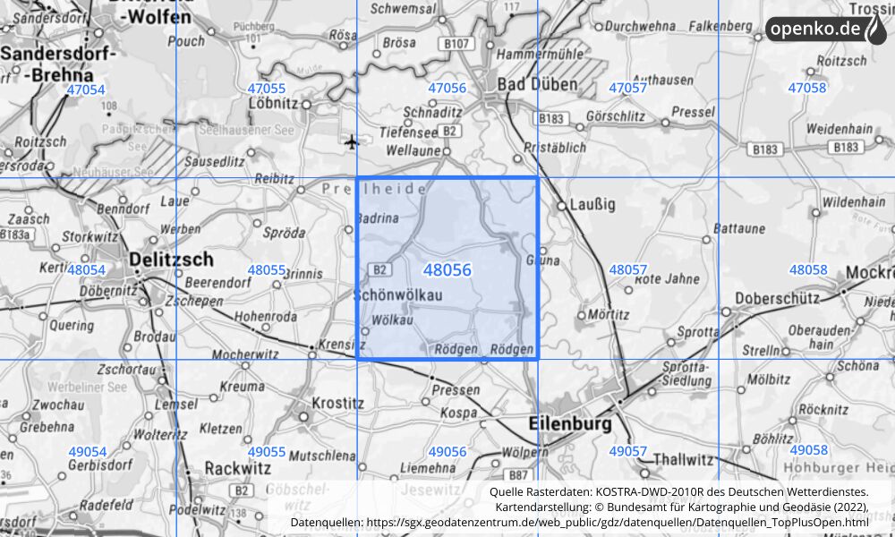 Übersichtskarte KOSTRA-DWD-2010R Rasterfeld Nr. 48056 mit angrenzenden Feldern