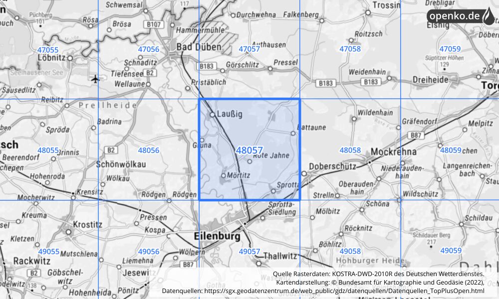 Übersichtskarte KOSTRA-DWD-2010R Rasterfeld Nr. 48057 mit angrenzenden Feldern