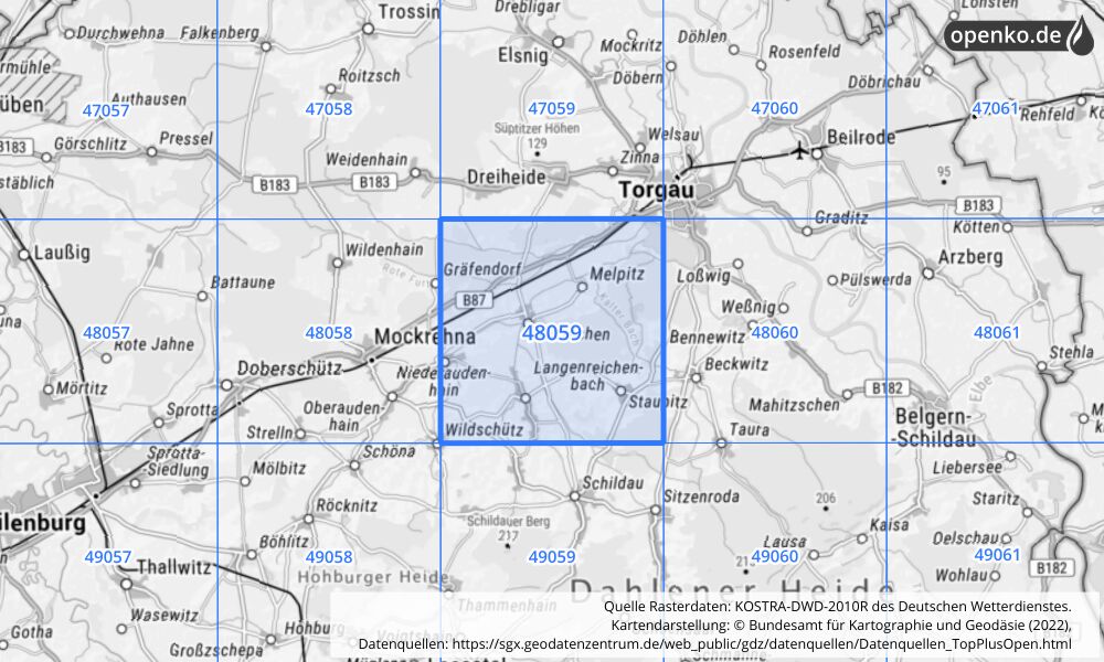 Übersichtskarte KOSTRA-DWD-2010R Rasterfeld Nr. 48059 mit angrenzenden Feldern