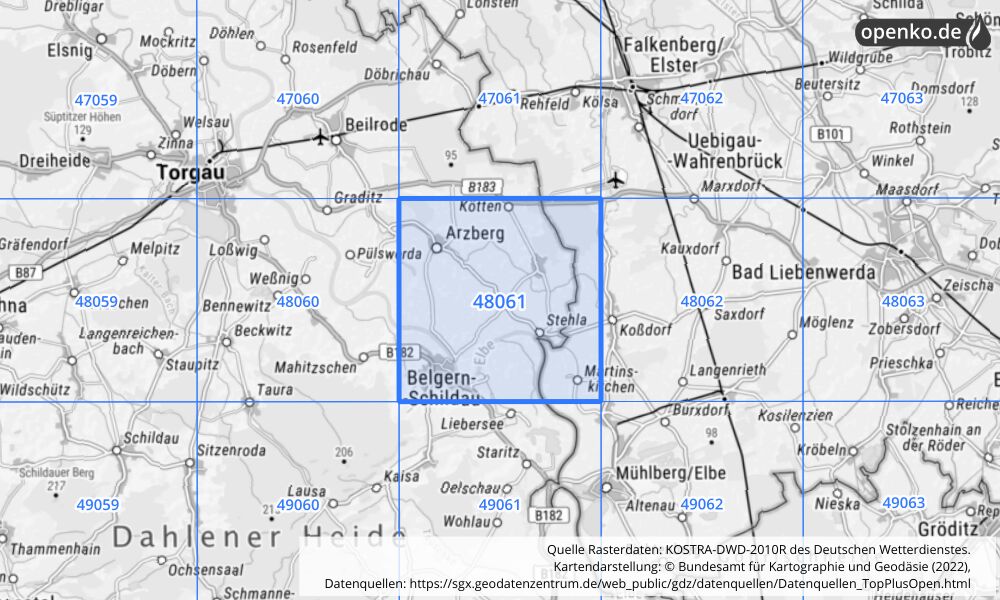 Übersichtskarte KOSTRA-DWD-2010R Rasterfeld Nr. 48061 mit angrenzenden Feldern