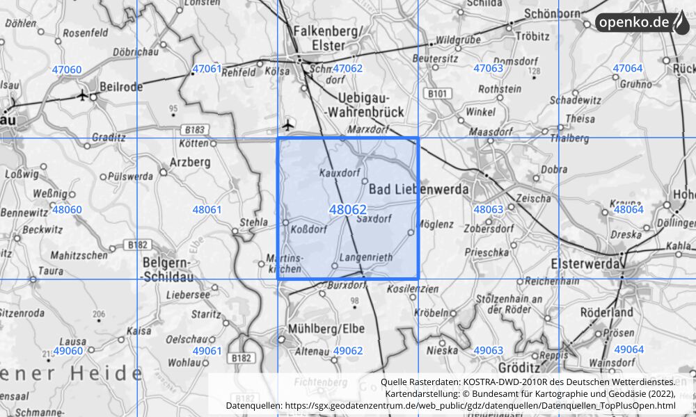 Übersichtskarte KOSTRA-DWD-2010R Rasterfeld Nr. 48062 mit angrenzenden Feldern