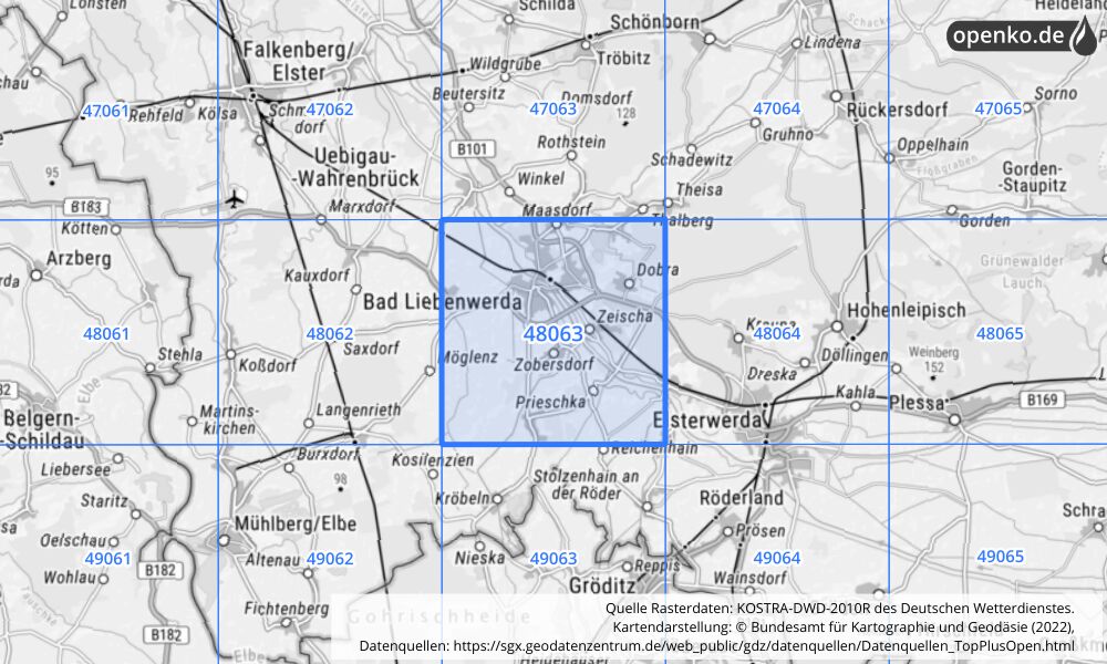 Übersichtskarte KOSTRA-DWD-2010R Rasterfeld Nr. 48063 mit angrenzenden Feldern