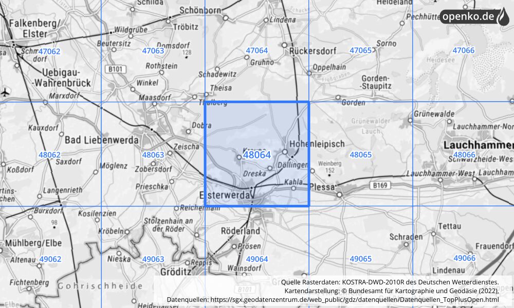 Übersichtskarte KOSTRA-DWD-2010R Rasterfeld Nr. 48064 mit angrenzenden Feldern
