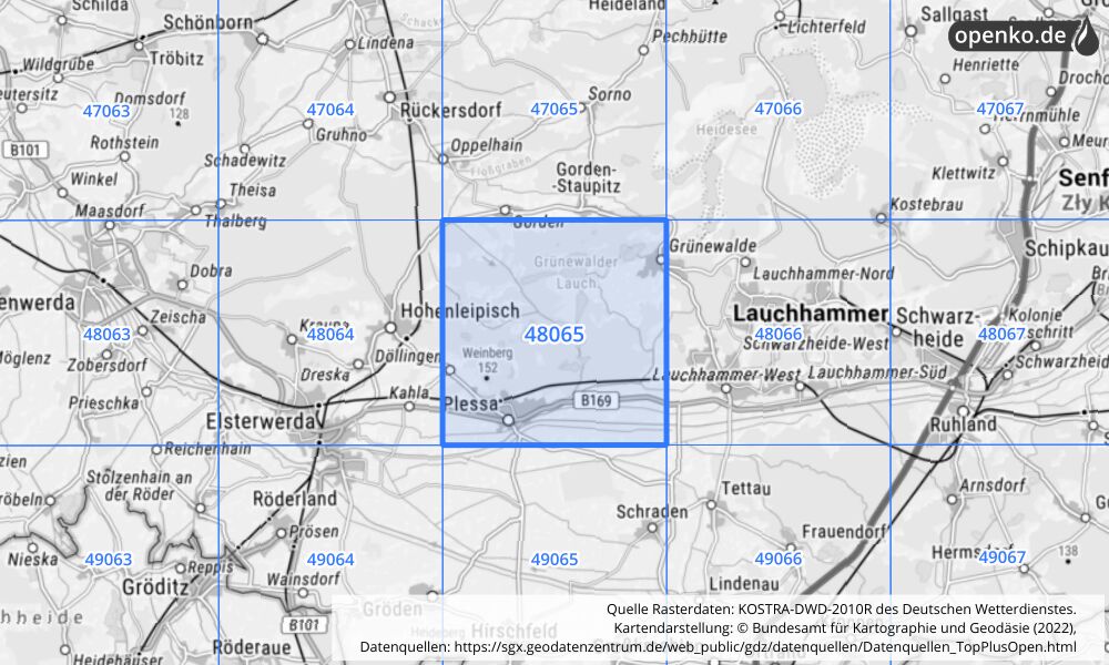 Übersichtskarte KOSTRA-DWD-2010R Rasterfeld Nr. 48065 mit angrenzenden Feldern