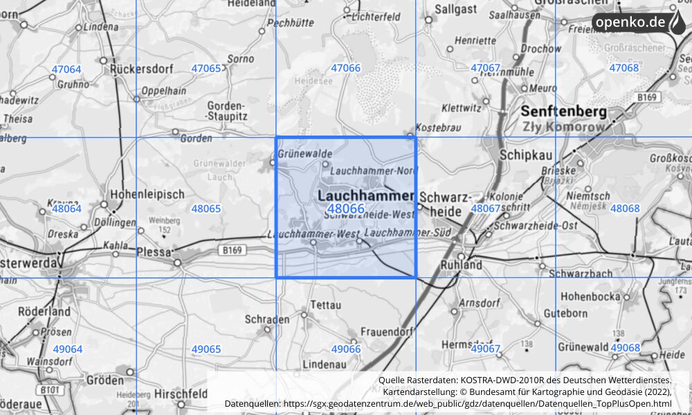 Übersichtskarte KOSTRA-DWD-2010R Rasterfeld Nr. 48066 mit angrenzenden Feldern