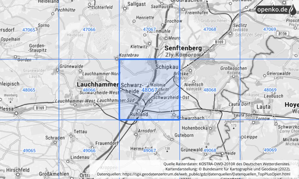 Übersichtskarte KOSTRA-DWD-2010R Rasterfeld Nr. 48067 mit angrenzenden Feldern