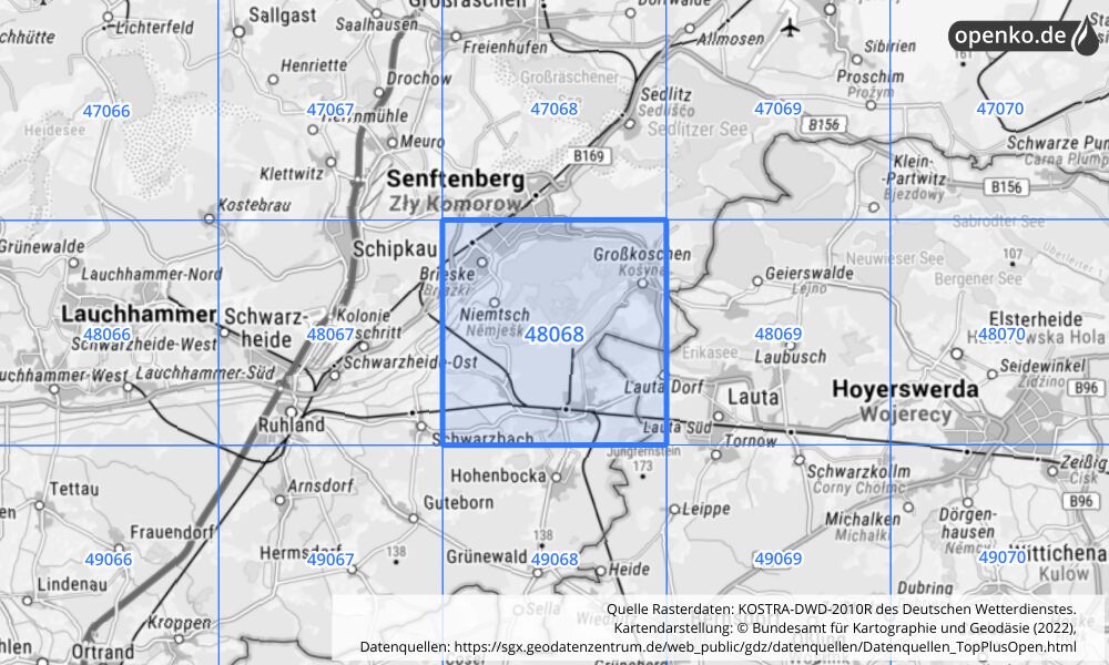 Übersichtskarte KOSTRA-DWD-2010R Rasterfeld Nr. 48068 mit angrenzenden Feldern