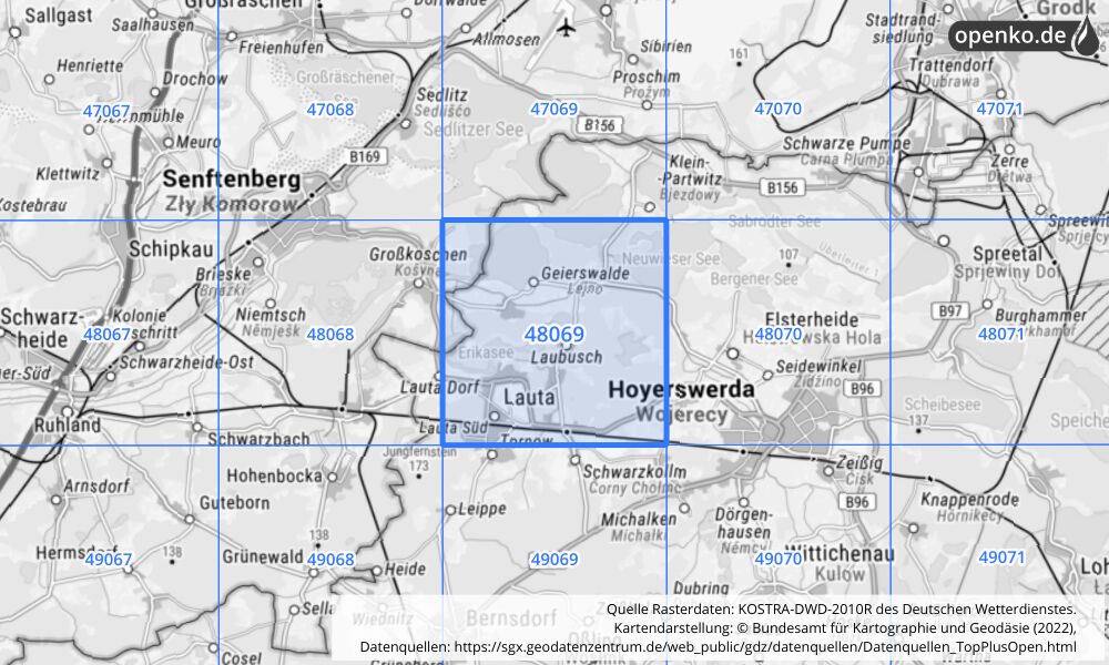 Übersichtskarte KOSTRA-DWD-2010R Rasterfeld Nr. 48069 mit angrenzenden Feldern